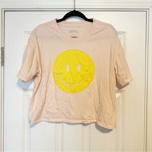 Vinyl Icons graphic smiley face oversized cropped tee shirt.